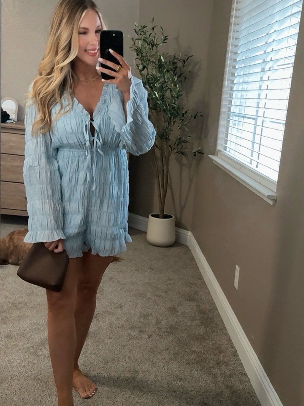 Vici Light Blue Textured Long Sleeve Romper